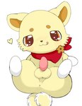 anthro anus balls facial_tuft fur genitals heart_eyes heart_symbol looking_at_viewer male orange_eyes penis red_scarf scarf simple_background solo spread_legs spreading tapering_penis tongue tongue_out tuft white_background yellow_body yellow_fur azuo jewelpet sanrio sega sega_fave kohaku_(jewelpet) canid canine canis domestic_dog mammal hi_res