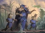 ambiguous_gender anthro armor biped blue_clothing blue_robe blue_sky building cape clothing cloud gastropod_shell grass group hood magic mollusk_shell pauldron pelvic_curtain plant robe shell size_difference sky spiked_armor spikes standing text trio water wave website_url irina_nordsol hasbro magic:_the_gathering wizards_of_the_coast lagomorph leporid mammal murid murine mustelid otter rabbit rat rodent 2023 english_text official_art