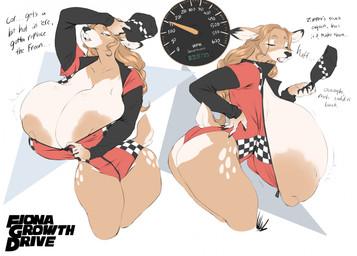 anthro areola areola_slip big_breasts braided_hair breasts brown_body brown_fur buckteeth butt clothing dialogue eyes_closed female fur hair half-closed_eyes huge_breasts long_hair narrowed_eyes nipple_slip nipples solo tan_areola tan_nipples teeth text tracksuit unzipped_jumpsuit dullvivid fiona_fawnbags_(dullvivid) deer mammal english_text hi_res