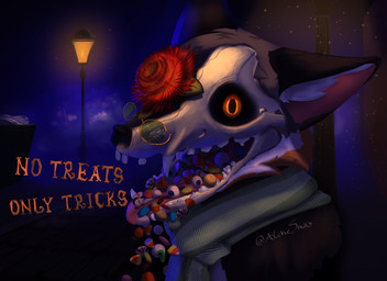 anthro black_body black_ears black_fur black_nose bone broken_glasses candy dessert dumpster eyewear flower fog foggy_background food food_in_mouth fur glasses glowing glowing_eyes green_eyewear green_glasses green_scarf gummy_(food) holidays inner_ear_fluff looking_at_viewer male multicolored_body night open_mouth orange_body orange_eyes orange_fur peppermint_(candy) petals pink_inner_ear pink_tongue plant red_flower scarf skull skull_head solo street street_lamp teeth text tongue tongue_out tuft white_inner_ear_fluff alchesmity conditional_dnp halloween luy_(alchesmity) canid canine fox island_fox mammal urocyon english_text signature