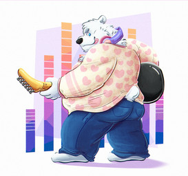 anthro black_nose blue_eyes bottomwear clothing electric_guitar electronics fur guitar headphones headphones_around_neck male musical_instrument overweight overweight_male pants plucked_string_instrument shirt solo standing string_instrument tongue tongue_out topwear white_body white_fur 06betos11 bear mammal polar_bear ursine 2026 absurd_res hi_res