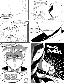 angry begging bodily_fluids clothing dialogue duo female feral holding_by_neck jacket lifting_another looking_down male neck_grab punch scared shadow_face shirt sweat talking_to_another text topwear spicykiwi nintendo pokemon thomas_(spicykiwi) tulip_(spicykiwi) generation_5_pokemon generation_9_pokemon human mammal pokemon_(species) sawk sprigatito absurd_res comic english_text hi_res story