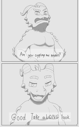 2_panel_comic anthro bedroom_eyes dialogue horn looking_at_viewer male narrowed_eyes open_mouth pecs seductive simple_background solo talking_to_viewer text young anonymous_artist mythology dragon mythological_creature mythological_scalie scalie comic english_text hi_res monochrome shaded