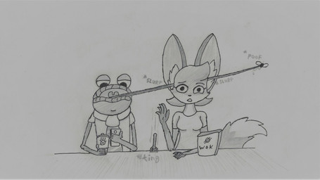 all_the_way_through anthro duo ear_penetration female in_one_ear_and_out_the_other male penetration tail tongue yanzihko amphibian canid canine fox frog mammal hi_res monochrome sketch