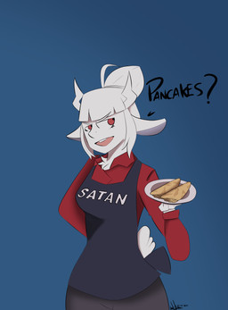 anthro apron clothing female food horn pancake simple_background smile solo text text_on_apron text_on_clothing uniform boederman helltaker goat_lucifer_(helltaker) bovid caprine goat mammal absurd_res hi_res