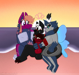 anthro beach big_nipples blue_eyes eye_scar facial_scar female fur genitals grey_nipples group group_sex heart_symbol knot male male/female nipples orgy penis purple_eyes red_eyes red_knot red_nipples red_penis scar scars_all_over sea sex sitting sunset threesome trio water wings zoyeensadart mythology arthropod canid canine canis dragon furred_dragon furred_scalie insect lepidopteran mammal moth mythological_creature mythological_scalie scalie wolf