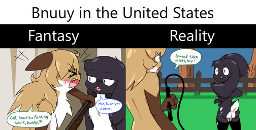angry anthro black_body black_fur blue_eyes brown_body brown_fur buckbreaking clothing duo female female_anthro femboy fence fur gloves_(marking) grass green_eyes gun hair leg_markings legwear lipstick makeup markings plant profanity ranged_weapon simple_background tail tail_markings text thigh_highs tree weapon whip white_body white_fur conditional_dnp gender_stupid averi_(fiddleafox) blueberry_(fiddleafox) canid canine fox lagomorph leporid mammal rabbit red_fox true_fox english_text hi_res