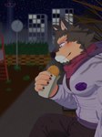 anthro blush city city_background clawed_fingers clothing coat countershading eating male muscular muscular_anthro park pecs scarf solo topwear shi_ba_ki_chi lifewonders live_a_hero pubraseer canid canine canis domestic_dog mammal hi_res