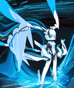 1_wing abstract_background blue_eyes breasts broken_wing female machine simple_background solo wings tyson_tan cc-by-sa creative_commons electric_hearts license_info vy_(tyson_tan) lagomorph leporid mammal rabbit robot robot_anthro 2010 digital_media_(artwork) full-length_portrait portrait