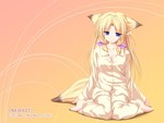 4:3 abstract_background animal_humanoid barefoot blonde_hair blue_eyes breasts brown_body brown_fur canid canid_humanoid canine canine_humanoid cleavage clothed clothing dipstick_ears dipstick_tail ear_markings feet female fox fox_humanoid front_view fur hair hi_res humanoid humanoid_feet humanoid_hands inakoi kamishiro_mutsuki long_hair looking_at_viewer mammal mammal_humanoid markings multicolored_ears multicolored_tail pajamas pigtails plantigrade sitting solo tail tail_markings tan_body tan_skin tenmaso yellow_body yellow_fur