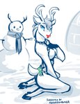 anthro antlers arm_tuft bell blue_eyes blush breasts butt casual_nudity cheek_tuft cloven_hooves elbow_tuft facial_tuft featureless_breasts female hand_on_breast harness holidays hooves horn igloo kneeling looking_at_viewer mistletoe nude outside plant red_nose scarf simple_background smile snow snowman solo tuft white_background winter conditional_dnp tom_fischbach christmas mikes_reindeer_(twokinds) deer mammal new_world_deer reindeer 2021 adobe_photoshop_(artwork) digital_media_(artwork) monochrome restricted_palette sketch spot_color