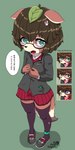 1:2 absurd_res anthro askknight blush brown_body brown_fur brown_hair canid canine clothed clothing digital_media_(artwork) eyewear female female_student fur glasses green_eyes hair hi_res legwear looking_at_viewer mammal momoko_(character) open_mouth raccoon_dog short_hair simple_background solo stockings student tanuki tanuki_leaf text translated young young_female