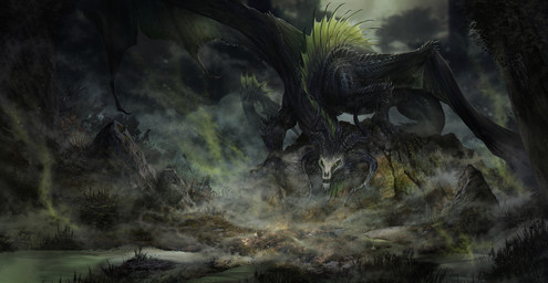 ambiguous_gender black_body black_scales bone claws cloud detailed_scales feral finger_claws fog frill_(anatomy) grass green_eyes green_membrane horn long_neck long_tail membrane_(anatomy) membranous_frill membranous_wings plant rock scales sharp_teeth skull skull_head solo swamp tail teeth water wings isvoc european_mythology mythology paizo pathfinder ishvissayt dragon mythological_creature mythological_scalie scalie western_dragon detailed hi_res shaded female_(lore)