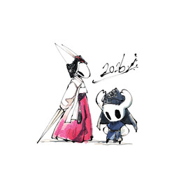 2_horns ambiguous_gender asian_clothing biped black_eyes black_legs blue_clothing clothed clothing duo east_asian_clothing empty_eyes headgear headwear horn korean_clothing larger_ambiguous melee_weapon red_clothing size_difference smaller_ambiguous standing weapon white_clothing ocohc_game hollow_knight_(franchise) new_year_2026 team_cherry hornet_(hollow_knight) the_knight_(hollow_knight) arachnid arthropod spider vessel_(species) 1:1 2025 hi_res female_(lore) half_sister_(lore) sibling_(lore) sister_(lore)