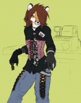 alternative_fashion anthro bulge cash_register clothed clothing corset counter crossdressing detailed_bulge femboy genital_outline j-fashion lingerie male name_tag necktie penis_outline ring solo topwear visual_kei work gideon cox canid canine fox mammal digital_media_(artwork)