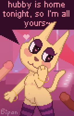 anthro bedroom_eyes belly blush bracelet breasts cat_smile cat_tail clothed clothing dialogue digit_ring disembodied_penis eyelashes eyeshadow female genitals group heart_eyes heart_symbol humanoid_genitalia humanoid_penis inviting inviting_to_sex jewelry legwear lights makeup male male/female narrowed_eyes navel nipples partially_clothed pattern_clothing pattern_legwear penis pointy_ears pole ring seductive slightly_chubby small_breasts speech_bubble stage stage_lights stockings strip_club striped_clothing striped_legwear stripes stripper_pole swingers thick_thighs trio vulva wedding_ring bipan domestic_cat felid feline felis mammal digital_media_(artwork) pixel_(artwork)