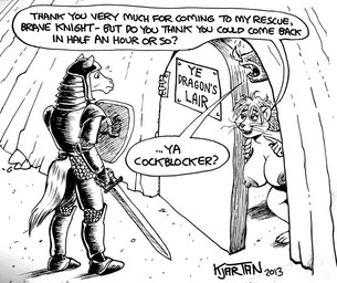 anthro areola armor big_breasts breasts damsel_in_distress dialogue erect_nipples female group holding_melee_weapon holding_object holding_sword holding_weapon humor knight male melee_weapon nipples nude shield sword tail text warrior weapon karno mythology dragon equid equine horse mammal mouse murid murine mythological_creature mythological_scalie rodent scalie 2013 english_text monochrome