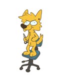 anthro black_nose blue_sclera chair dangerous ear_piercing fur furniture holding_object holding_scissors male on_chair osha_violation piercing scissors simple_background smile solo standing_on_chair swivel_chair white_background yellow_body yellow_fur hryanart winston_(hryanart) canid canine canis domestic_dog mammal hi_res