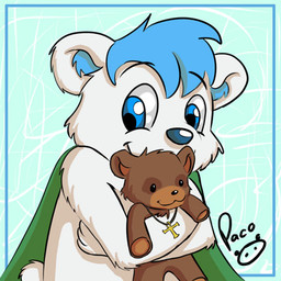 abstract_background anthro blue_eyes blue_hair blue_inner_ear blue_nose cheek_tuft closed_smile cross facial_tuft fur glistening glistening_eyes hair hug hugging_object hugging_plushie jewelry logo male mouth_closed necklace plushie short_hair smile solo tuft white_body white_ears white_fur young young_anthro young_male pandapaco bear mammal 1:1 artist_logo low_res signature