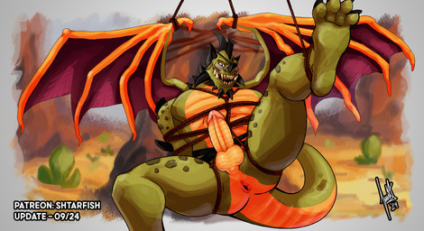 anthro anus balls bdsm blush bound butt cactus canyon claws deltoids desert erection facial_spikes fangs feet genitals green_body green_scales horn humanoid_genitalia humanoid_penis looking_down male manly markings muscular muscular_anthro muscular_male open_mouth penis perineum plant sand scales sharp_teeth solo spikes spikes_(anatomy) spots spotted_body spotted_scales spread_legs spread_wings spreading tail teeth underbite wings yellow_body yellow_scales shtarfish activision mythology spyro_reignited_trilogy spyro_the_dragon gunnar_(spyro) rescued_dragons_(spyro) dragon mythological_creature mythological_scalie reptile scalie 2024 hi_res