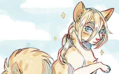 ambiguous_gender blonde_hair blue_eyes cloud feral feral_with_hair feralized fluffy fur hair paws pink_nose raised_paw sky solo spots star tan_body tan_fur white_body white_fur silveyytm attack_on_titan historia_reiss american_ringtail domestic_cat felid feline felis mammal turkish_angora 2020 female_(lore)