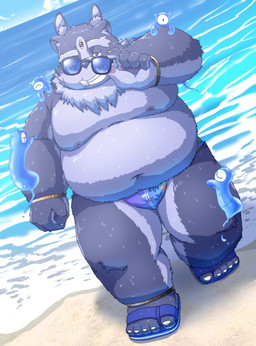 3_eyes anthro beach belly bracelet bulge clothing eyewear footwear fur grey_body grey_fur grin jewelry male moobs multi_eye navel nipples overweight overweight_male sandals sea seaside shoes smile solo speedo sunglasses swimwear thong tusks underwear water wet debudave_12 lifewonders tokyo_afterschool_summoners tsathoggua_(tas) hi_res