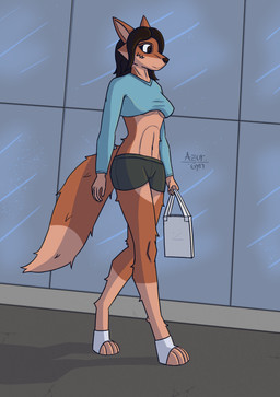 anthro bag bottomwear breasts brown_hair clothing crop_top cropped_sweater curvy_figure digitigrade female footwear fur hair orange_body orange_fur shirt shoes shorts solo street tail toeless_footwear toeless_shoes topwear under_boob walking azurgyn canid canine fox mammal digital_drawing_(artwork) digital_media_(artwork) hi_res signature