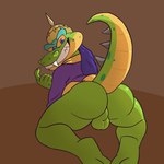 anthro backsack balls beckoning big_butt bubble_butt butt genitals gesture green_body huge_butt looking_at_viewer looking_back male sharp_teeth solo teeth pooncartoonist activision crash_bandicoot_(series) komodo_joe komodo_dragon lizard monitor_lizard reptile scalie 1:1 hi_res