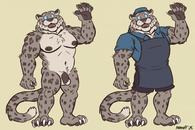 anthro apron balls blue_eyes claws clothed clothing facial_piercing flaccid genitals hat headgear headwear male nipples nose_piercing nose_ring nude pawpads penis piercing ring_piercing simple_background solo text wave yellow_background nanoff felid mammal pantherine snow_leopard character_name hi_res
