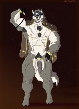 abdominal_scar anthro armpit_hair balls biceps big_balls big_muscles big_pecs big_penis body_hair bracelet breast_scar chest_hair claws clothing flaccid_to_erect flexing flexing_bicep flexing_pecs fur genitals gesture gloves gradient_background green_body green_fur green_hair hair half-erect handkerchief handwear jewelry kerchief long_penis long_tail male muscular nipple_piercing nipples pecs penis piercing pubes ring_(jewelry) scar shirt simple_background solo suggestive suggestive_gesture tail teeth thick_penis thick_tail thick_thighs tongue tongue_out topwear vein veiny_penis white_body white_fur yellow_eyes kmka anothereidos_of_dragon_vein_r full_house_(anothereidos_r) canid canine canis mammal wolf absurd_res hi_res