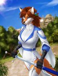 anthro biped blue_eyes brown_nose clothed clothing detailed_background female hair holding_melee_weapon holding_object holding_sword holding_weapon melee_weapon outside plant sky solo standing sword tree uniform weapon elvofirida samantha_(syronck01) canid canine fox mammal red_fox true_fox 2022 hi_res