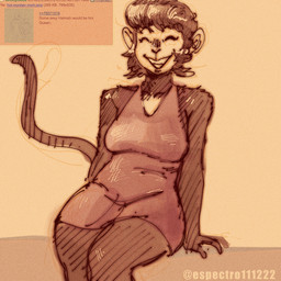 anthro brown_body brown_fur brown_hair clothing dress eyelashes eyes_closed female fur hair long_tail mature_anthro mature_female multicolored_body multicolored_fur short_hair smile solo tail tan_body tan_fur text two_tone_body two_tone_fur espectro111222 4chan cavemanon_studios snoot_game hannah_(snoot_game) haplorhine mammal monkey primate simian_(species) 1:1 2025 artist_name digital_drawing_(artwork) digital_media_(artwork) english_text hi_res watermark