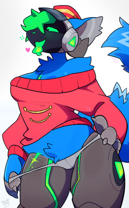 anthro blue_body blue_fur claws clothed clothing female fur green_eyes machine nipple_slip partially_clothed robotic_leg solo sweater teasing thick_thighs tongue tongue_out topwear underwear underwear_down egobitz protogen robot absurd_res hi_res