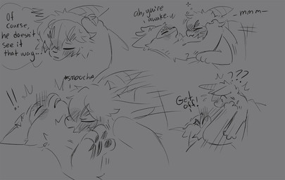 ambiguous_gender anthro bed blush cheek_tuft chest_tuft curious dialogue duo facial_tuft furniture horn kissing lying male mask neck_kiss on_another on_back on_bed pillow pushing_away shocked simple_background text tuft waking_up sabiksphinx asian_mythology chinese_mythology east_asian_mythology fabulous_beasts fenz_(studio) mythology sibuxiang_the_deer_(fabulous_beasts) tuye_(fabulous_beasts) deer lagomorph mammal moon_rabbit comic english_text hi_res monochrome sketch