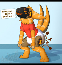 2_tails 3_toes 4_fingers ambiguous_gender anthro blush blush_lines brown_body brown_claws brown_fart_cloud brown_fur brown_tail claws clothed clothing crouching dialogue diaper ears_back eyes_closed fart fart_cloud feces feet finger_claws fingers fur hands_on_knees hands_on_legs heart_symbol inside machine markings multi_tail multicolored_body multicolored_fur multicolored_tail open_mouth open_smile orange_body orange_fur orange_stripes orange_tail pivoted_ears pooping protogen_visor red_clothing red_shirt red_topwear shirt smile soiled_diaper soiling soiling_diaper solo speech_bubble striped_body striped_ears striped_fur striped_markings striped_tail stripes tail tail_markings text tilde_after_text toes topwear unclean_diaper used_diaper using_diaper wearing_diaper white_diaper shadyadi rusty_(shadyadi) protogen 2024 artist_name english_text hi_res letterbox signature