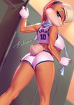 2021 absurd_res anthro basketball_uniform big_breasts blonde_hair blue_eyes breasts buckteeth butt clothed clothing digital_media_(artwork) eyelashes female gloves hair handwear hi_res inside lagomorph leporid locker_room lola_bunny looking_at_viewer looking_back looking_back_at_viewer looney_tunes mammal pakwan008 rabbit scut_tail shirt short_tail signature small_butt smile solo sportswear tail tank_top teeth text text_on_clothing text_on_shirt text_on_tank_top text_on_topwear topwear towel under_boob uniform warner_brothers