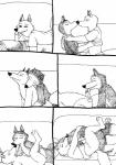 anthro balls bernielover canid canine canis clothing comic cuddling disney duo english_text erection eyes_closed fur genitals hi_res licking male male/male mammal monochrome nude nuzzling officer_wolfard penis sex simple_background smile speech_bubble text tongue tongue_out white_background wolf zootopia