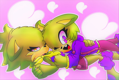 anthro bottomwear breasts clothed clothing crop_top duo fangs female female/female female_on_bottom female_on_top fully_clothed fur green_body green_fur heart_background heart_symbol hug jacket kerchief leg_warmers leggings legwear midriff neckerchief neckwear on_bottom on_top one_eye_closed open_mouth open_smile pupils purple_eyes purple_pupils shirt shorts side_view simple_background smile teeth topwear wink yellow_eyes yellow_pupils austinsstuff sega sonic_the_hedgehog_(series) fan_character domestic_cat felid feline felis mammal absurd_res hi_res sibling_(lore) sister_(lore) sisters_(lore)