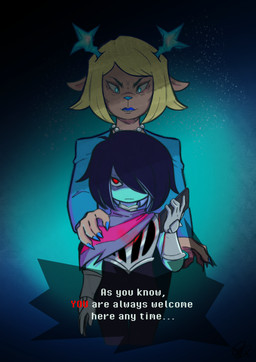 age_difference anthro antlers armor black_hair blonde_hair blue_antlers blue_body blue_clothing blue_eyes blue_jacket blue_lips blue_nails blue_skin blue_topwear clothing colored_nails duo electronics female gem hair hair_over_eye holding_object holding_phone horn jacket jewelry lips looking_at_viewer male metal_gloves nails necklace pearl_(gem) pearl_necklace phone red_eyes shadow_face size_difference standing text topwear dryad-druid deltarune undertale_(series) carol_holiday kris_dreemurr deer human mammal absurd_res english_text hi_res
