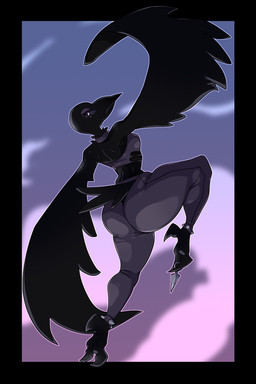 action_pose anklet anthro assassin assassination beak big_butt big_wings bottomwear breasts butt claws clothing collar feathers female flying jewelry knife legband pose resting_bitch_face simple_background small_breasts solo spiked_anklet spiked_legband spikes tail tail_feathers toe_claws wings toastiepumpkin carmen_the_crow avian bird corvid corvus_(genus) crow mammal oscine passerine 2:3 hi_res