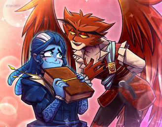 5_fingers belt blue_body blue_clothing blue_dress blue_eyes blue_hair blue_skin blush book bottomwear clothing dress duo feathered_wings feathers female fingers freckles grey_bottomwear grey_clothing grey_pants hair highlights_(coloring) male male/female multicolored_hair pants red_body red_feathers smile tan_body tan_feathers teeth two_tone_hair white_hair white_highlights wings yellow_eyes stargureisu cartoon_network cinema_fantasma hbo_max i_am_frankelda frankelda herneval animal_humanoid avian avian_humanoid ghost humanoid mammal spirit susto tecotias 2025 hi_res signature