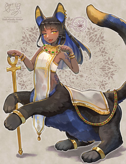 accessory ankh black_body black_fur black_hair bracelet clothed clothed_female clothed_taur clothing ear_piercing ear_ring egyptian egyptian_clothing female flat_chested fur gold_(metal) gold_bracelet gold_ear_ring gold_jewelry hair jewelry long_hair midriff open_:3 paw_pose paws piercing pose pupils quadruped ring_piercing slit_pupils solo tail tattoo taur_clothing usekh whiskers white_top yellow_eyes young okurisuzume cat_taur domestic_cat felid felid_taur feline feline_taur felis humanoid_taur mammal mammal_taur taur hi_res