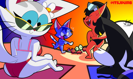 angry anthro beach bikini black_body black_hair blue_eyes blue_sclera clothed clothing clothing_theft eyewear female group hair laugh looking_at_viewer lying on_front sand stealing sunglasses sunset swimwear swimwear_theft tan_body topless two-piece_swimsuit whiskers white_body jdone animal_crossing looney_tunes nickelodeon nintendo t.u.f.f._puppy warner_brothers carlota_michimiau kitty_katswell penelope_pussycat rosie_(animal_crossing) arthropod crab crustacean decapod domestic_cat felid feline felis malacostracan mammal 2025 colored hi_res shaded signature