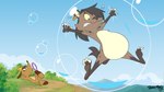 anthro belly black_hair blue_sky brown_body brown_fur bubble claws duo female fur hair male male/female outside overweight simple_background sky potateymatey leena_(potateymatey) marley_(potateymatey) herpestid hyena mammal meerkat spotted_hyena 2023 hi_res