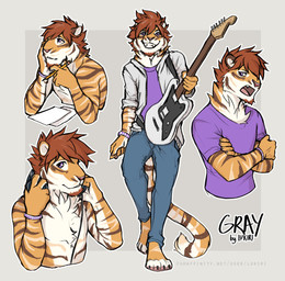 4_toes anthro barefoot biped brown_hair claws clothed clothing electric_guitar feet fur grey_background guitar hair male musical_instrument open_mouth pawpads pink_pawpads plucked_string_instrument purple_eyes simple_background solo standing string_instrument striped_body striped_fur stripes teeth toes tongue reilukah felid mammal pantherine tiger 2019 digital_media_(artwork)