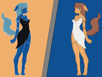 3_toes anthro barefoot black_clothing black_robe breasts brown_hair cleavage clothed clothing digitigrade duo feet female fur hair mirror paws reflection robe robe_only tan_body tan_fur tattoo toes white_clothing white_robe hikaridraws apogee_(tinygaypirate) canid canine canis domestic_dog mammal spitz 4:3 hi_res