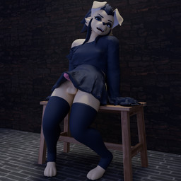 anthro balls black_hair black_nose blue_eyes bottomless bottomless_anthro bottomless_gynomorph bottomless_intersex breasts clothed clothing dress erection eyeshadow frenum_ladder frenum_piercing fur genital_piercing genitals gynomorph hair intersex ladder_piercing leaning leaning_backward leaning_on_table legwear looking_at_viewer makeup open_mouth paws penis penis_piercing piercing pink_penis solo thigh_highs translucent translucent_clothing translucent_dress yellow_body yellow_fur cecildeatrio cecile_(cecildeatrio) bird_dog canid canine canis domestic_dog golden_retriever hunting_dog mammal retriever 1:1 2026 3d_(artwork) digital_media_(artwork) english_description hi_res