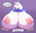 anthro big_breasts breast_drop breasts clothed clothing clothing_lift emanata eyewear female flash_emanata fur glasses horn huge_breasts inverted_nipples nipples shirt shirt_lift smile solo sound_effects sweater text tongue tongue_out topwear white_body white_fur fimif undertale undertale_(series) toriel boss_monster_(undertale) bovid caprine mammal digital_media_(artwork) english_text hi_res