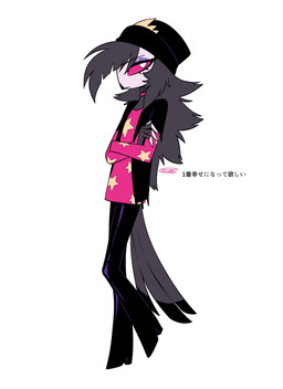 anthro beak beanie boots clothed clothing female footwear hat headgear headwear high_heeled_boots high_heels shoes simple_background solo text white_background enaic31 hellaverse helluva_boss octavia_(helluva_boss) avian bird demon owl owl_demon absurd_res hi_res japanese_text translation_request