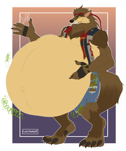 accessory anthro anthro_pred belly big_belly bottomwear brown_body brown_fur clothing denim denim_bottomwear denim_clothing fur headband huge_belly jacket jeans male male_pred navel pants rumbling_stomach same_size_vore topwear torn_clothing vore yellow_eyes luisdawolf wolfoxangel.f epic_games fortnite dire_(fortnite) canid canine canis mammal wolf absurd_res hi_res